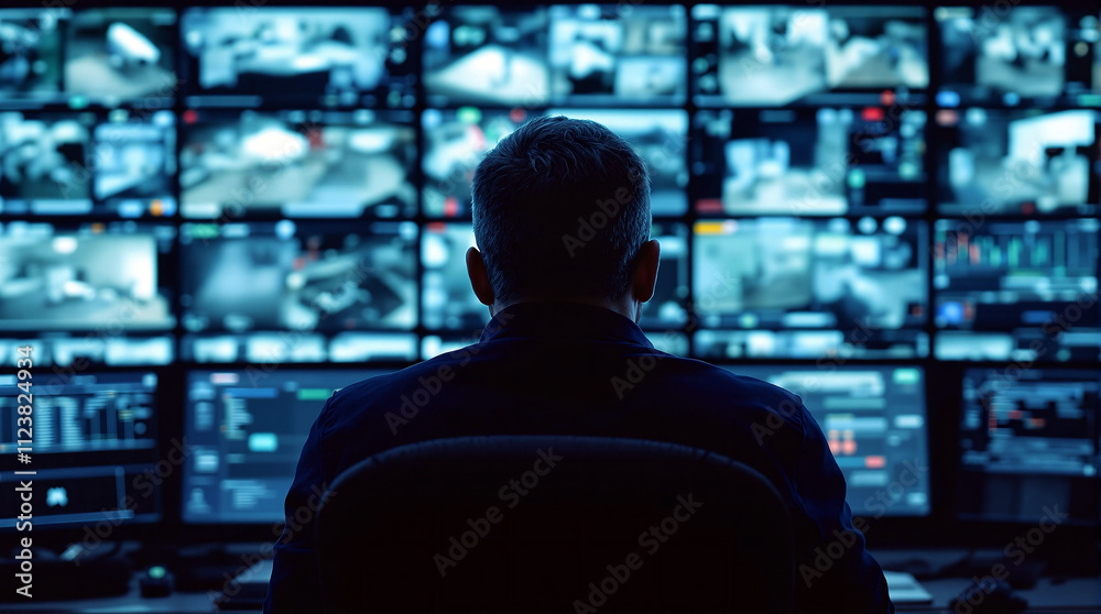 Aufkleber A security monitor intently observes multiple screens displaying real-time feeds.