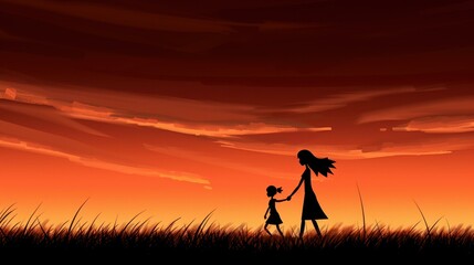A touching silhouette of a mother and her child, hand in hand, walking through a serene grass field at sunset.