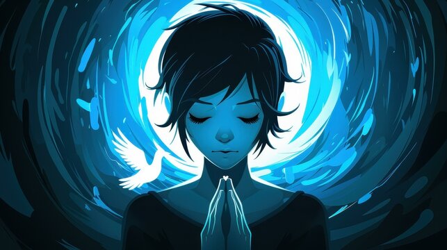 A serene scene of a silhouette praying under a glowing sky, with a white dove soaring peacefully above her.