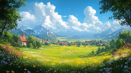 A serene landscape featuring mountains, a village, and vibrant flowers under a blue sky.