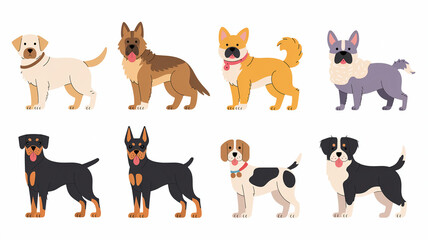 Eight Different Dog Breeds Illustrated in Cartoon Style