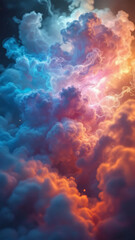 Fototapeta premium A mesmerizing display of vibrant, swirling clouds in a mystical setting, blending photo, illustration, 3D render, and painting techniques to create an intricate, colorful masterpiece.