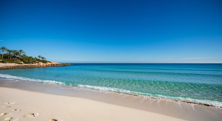Fototapeta premium A tranquil beach scene with crystal-clear waves and footprints in the sand