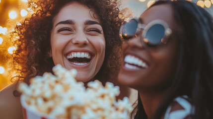 Close up of happy smiling women holding popcorn.