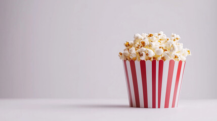 Popcorn in a red and white striped cardboard bucket on a white background. Copy space.