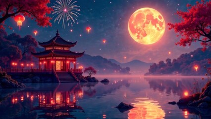 Obraz premium Fantasy art of Chinese New Year fireworks and lanterns over a lake