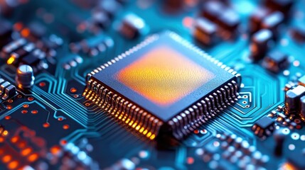 A high angle shot of a sleek electronic circuit featuring a golden microchip centerpiece, surrounded by intricate silver and gold traces, bathed in a soft teal and orange backlight