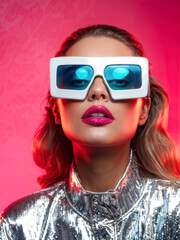 A bold close-up of a stylish woman in oversized white sunglasses and a shimmering metallic top, bathed in vibrant neon pink and blue lighting. Generative AI