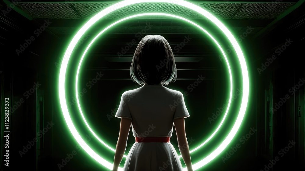 Poster mysterious figure in an illuminated circle sci-fi setting animation dark environment rear view futur
