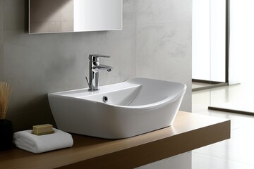 Fototapeta premium Sleek modern sink with minimalist design in elegant bathroom