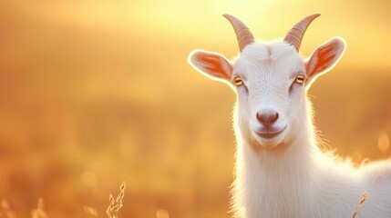 Obraz premium A serene white goat basks in the warm glow of sunset, with a dreamy, blurred backdrop enhancing the tranquil scene.