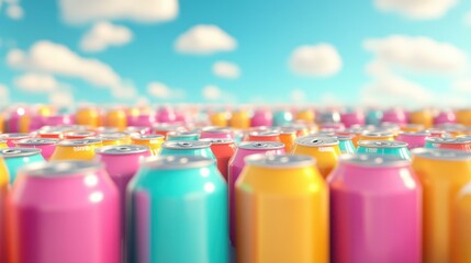 Vibrant soda cans stacked in a playful mess with a softfocus backdrop, creating a lively and dynamic visual appeal.