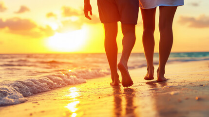 A serene couple strolls hand in hand along the shore as the sun sets, creating a dreamy atmosphere.