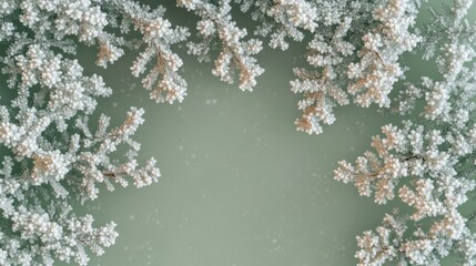 A high angle shot of frosted evergreen branches forming a natural frame on a pastel green background, with delicate snowflakes scattered across the surface, evoking a serene winter atmosphere