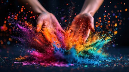 Obraz premium A dynamic burst of rainbow-colored powder from hands, representing celebration, energy, and the beauty of diversity.