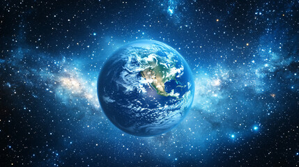 Obraz premium Earth floating in the vastness of space with a faint glow and stars dotting the dark sky.