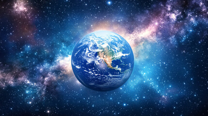 Obraz premium Earth floating in the vastness of space with a faint glow and stars dotting the dark sky.