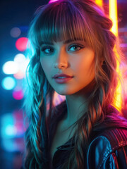 Fototapeta premium A close-up portrait of a young woman with bangs and braided hair, her face illuminated by vibrant neon lights, exuding a futuristic and trendy vibe. Generative AI