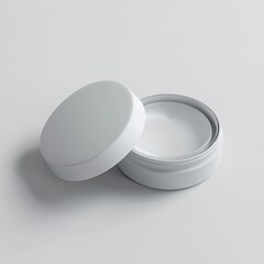 White round cosmetic jar with lid open, isolated on white background.