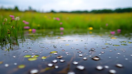 A serene landscape featuring water droplets on a pond surrounded by lush greenery and flowers.