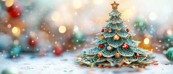 Obraz premium Enchanting Teal Christmas Tree with Ornaments in Snowy Winter Scene