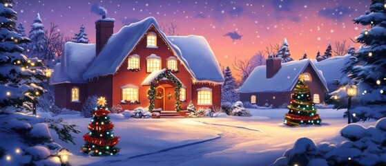 Fototapeta premium Magical Christmas Eve: Snow Covered House with Decorated Christmas Trees