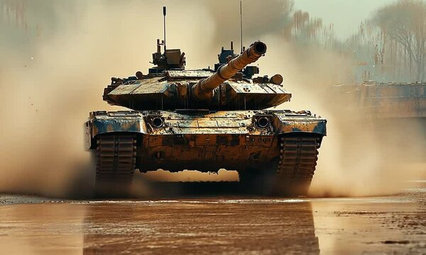 A powerful tank navigating through muddy terrain, showcasing military strength and capability.