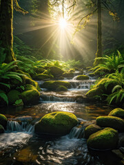 Fototapeta premium A magical forest stream with sunlight filtering softly through trees, surrounded by lush moss-covered rocks and ferns, creating a serene atmosphere. Generative AI