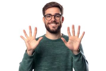 Man showcasing hand gestures counting from zero to five, clear communication signs