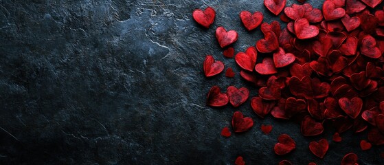 Romantic Red Hearts Scattered on Dark Textured Background, Valentines Day