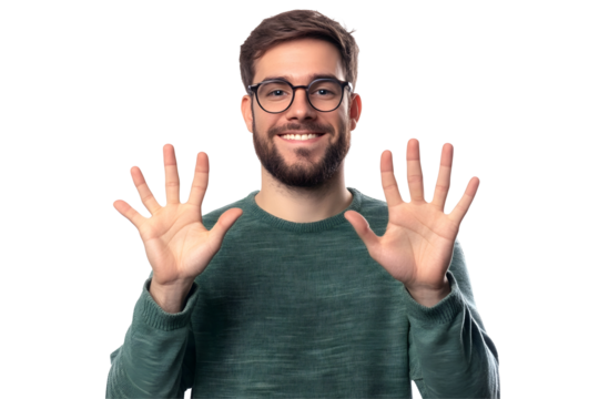 Man showcasing hand gestures counting from zero to five, clear communication signs - Powered by Adobe