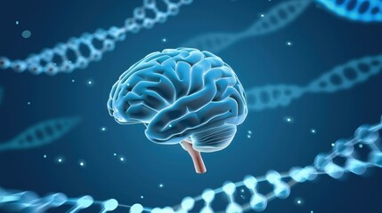 Obraz premium Explore the fusion of bioengineering and science through dynamic brain and DNA visuals set against a striking blue backdrop.