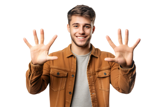 Man showcasing hand gestures counting from zero to five, clear communication signs - Powered by Adobe