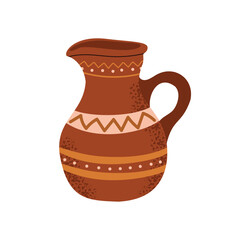 Rustic brown ceramic jug with patterns. Folk-style kitchenware illustration perfect for culinary, cultural, or vintage projects. Flat vector isolated on a white background.