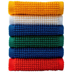 A Vibrant Collection of Colorful Crochet Dish Towels Stacked Neatly in a Rainbow Display