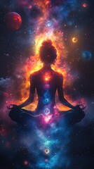 Cosmic Chakras Balancing Meditative Mystical Figure Vibrant Energy Visualization Photo