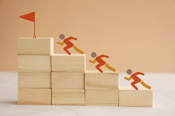 People icon running up to the flag on wooden steps, Goal achievement, task completion, business success, personal upskill concept
