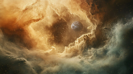 Fototapeta premium Earth seen through the swirling dust clouds of a cosmic nebula, creating a dreamlike image.