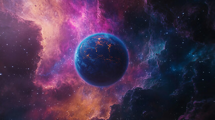 Obraz premium Earth set against a vibrant nebula, with the planet’s outline glowing in the cosmic colors.