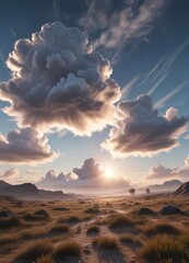 Softly glowing cloud formations hover above a serene landscape, cloudy day, clear sky, gentle hue