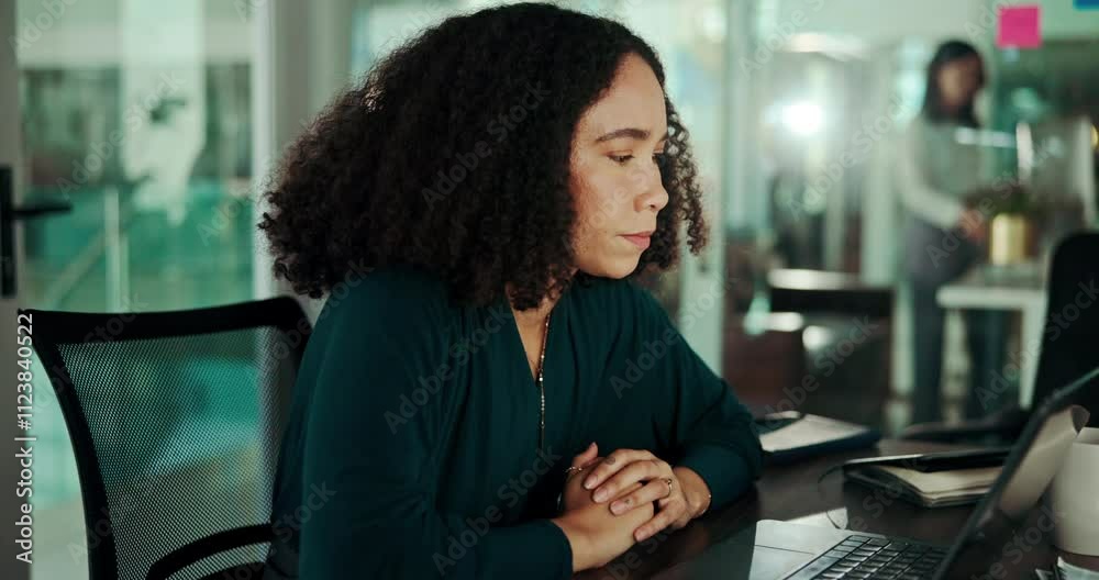Poster Laptop, nervous and thinking with designer woman in office for programming or troubleshooting. Computer, problem solving and web development with worried employee in workplace for software coding