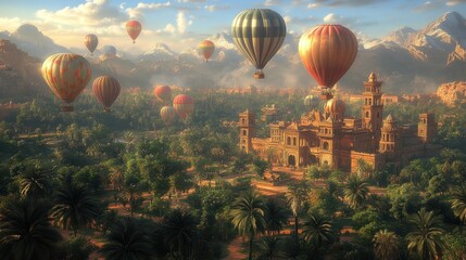 Fototapeta premium A vibrant landscape with hot air balloons over a lush valley.
