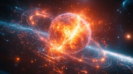 Obraz premium Vibrant Glowing Cosmic Representation Atom Stunning Space Orbiting Particles Scene Artwork Photo
