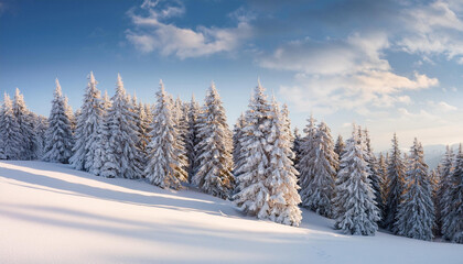 Snow-covered pine trees on a serene snowy hill under a soft winter sky