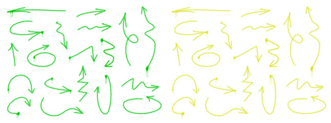 Graffiti arrow, set in different fun and visual hand drawn shapes animated with paint spray effect in green and yellow Vector illustration