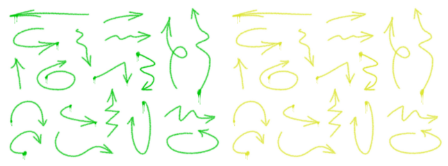 Graffiti arrow, set in different fun and visual hand drawn shapes animated with paint spray effect in green and yellow Vector illustration
