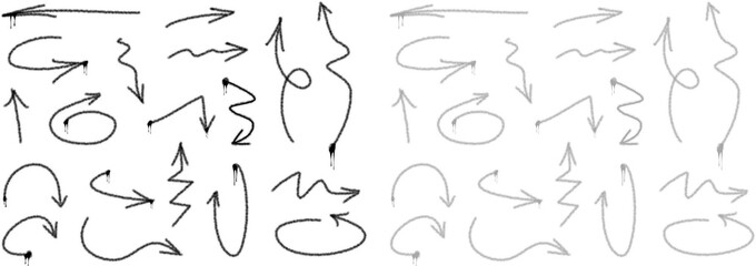 Graffiti arrow, set in different fun and visual hand drawn shapes animated with black and gray paint spray effect.Vector illustration
