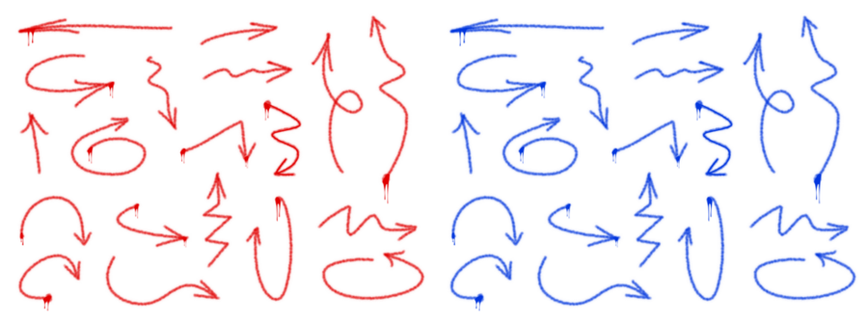 Graffiti arrow, set in different fun hand-drawn shapes and animated visuals with spray paint effect in red and blue. Vector illustration