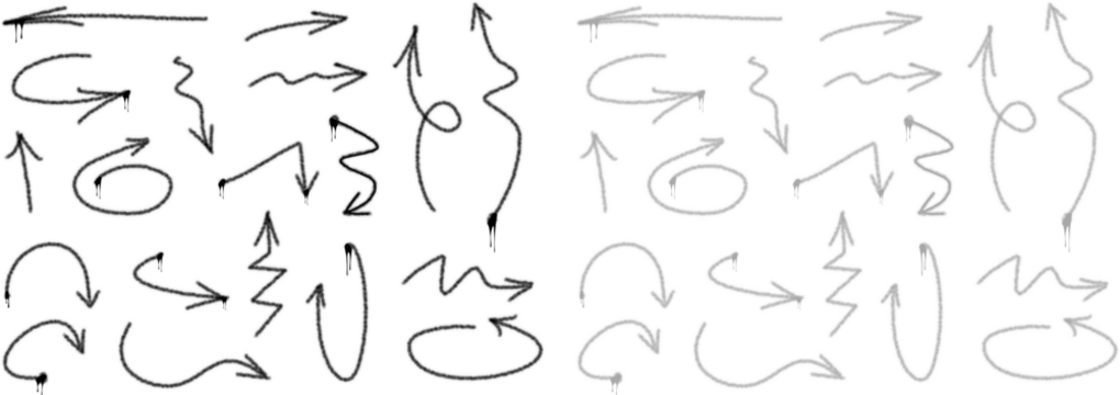 Graffiti arrow, set in different fun and visual hand drawn shapes animated with black and gray paint spray effect.Vector illustration