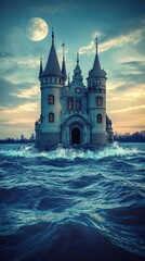 Fototapeta premium A majestic castle stands tall amidst stormy seas, bathed in the ethereal glow of a full moon.